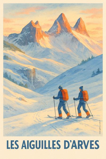 affiche illustrée artistique d'après photo des Aiguilles d'Arves