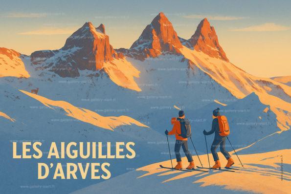 affiche illustrée artistique d'après photo des Aiguilles d'Arves avec des skieurs