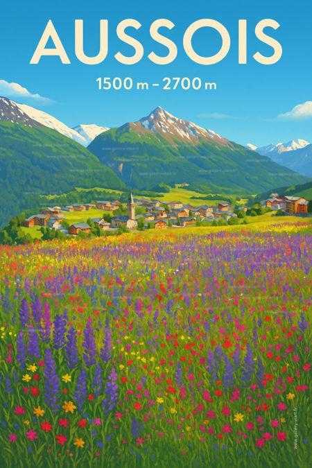 Affiche illustrée d’après une photo d'été de la station d'Aussois en Haute Maurienne Vanoise