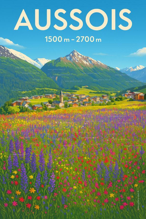 Affiche illustrée d’après une photo d'été de la station d'Aussois en Haute Maurienne Vanoise