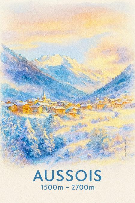 La station d'Aussois en Savoie sous la neige en version aquarelle