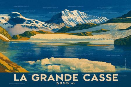 Poster style travel poster de la Grande Casse, sommet mythique de la Vanoise. Une déco murale inspirée des affiches SNCF.