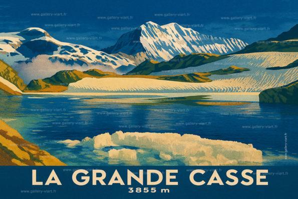 Poster style travel poster de la Grande Casse, sommet mythique de la Vanoise. Une déco murale inspirée des affiches SNCF.