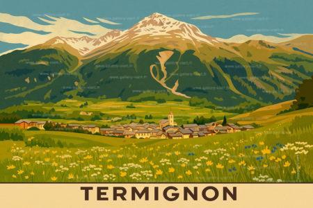 Affiche aquarelle douce de Termignon, village authentique de Savoie. Une interprétation artistique des Alpes françaises.