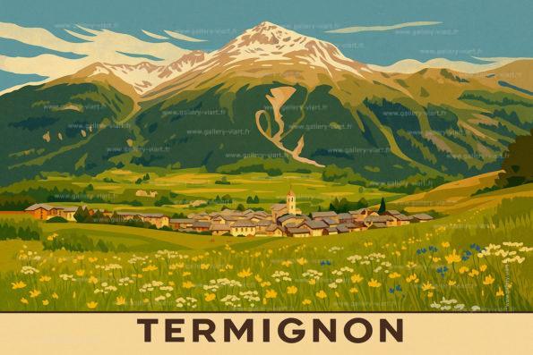Affiche aquarelle douce de Termignon, village authentique de Savoie. Une interprétation artistique des Alpes françaises.