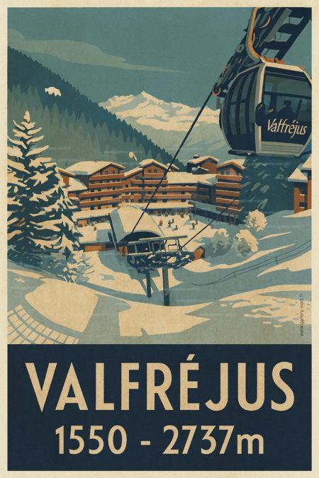 Affiche vintage de Valfréjus, inspirée des années 1930. Un style rétro unique pour une décoration murale de montagne.