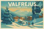 Affiche de Valfréjus, en Savoie. Inspiré des grandes affiches de voyage des Alpes françaises.