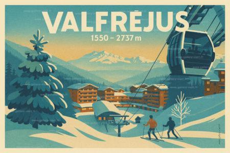 Affiche de Valfréjus, en Savoie. Inspiré des grandes affiches de voyage des Alpes françaises.