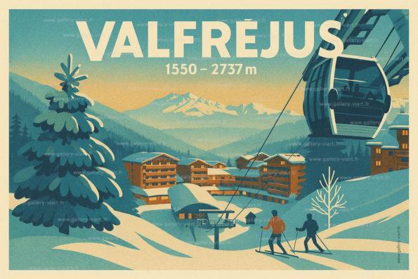 Affiche de Valfréjus, en Savoie. Inspiré des grandes affiches de voyage des Alpes françaises.