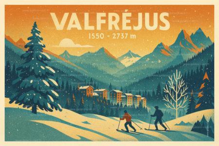 Affiche aquarelle de Valfréjus en Haute Maurienne. Une interprétation artistique et lumineuse de la station savoyarde.