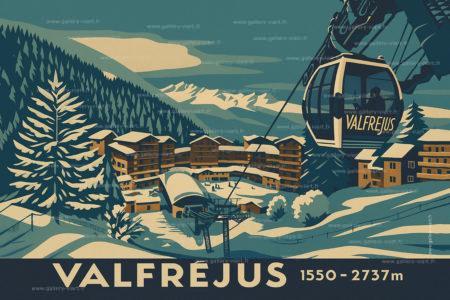 Affiche rétro artistique de Valfréjus. Une décoration murale inspirée des grands paysages alpins.
